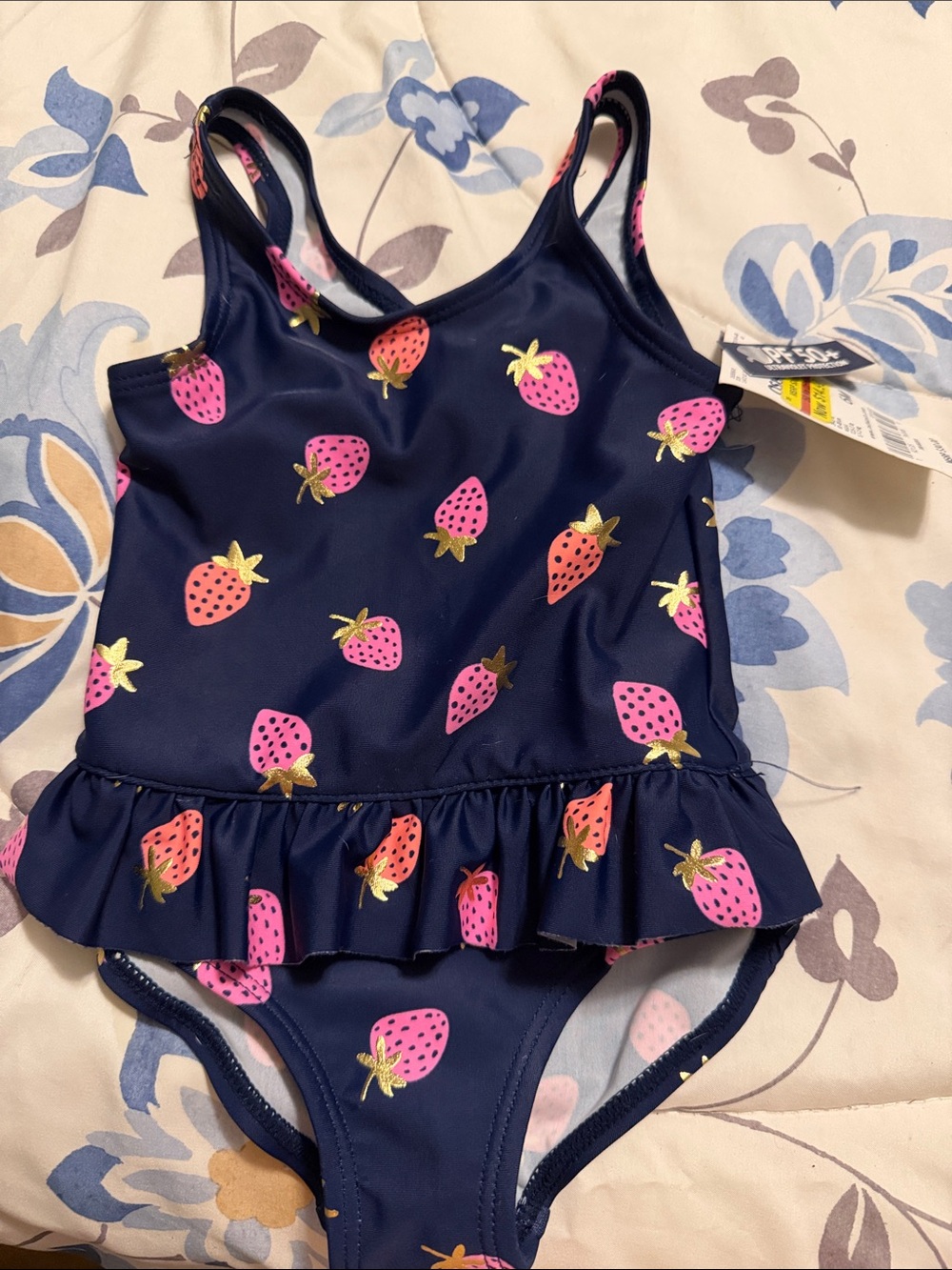 OshKosh B'gosh Navy One-Piece Swim with Pink Strawberry Print and Gold Accents